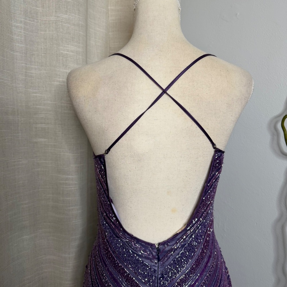 Vintage Y2K Scala Glass Beaded Silk Chevron Maxi Dress Purple Gown Womens Medium - Picture 9 of 15